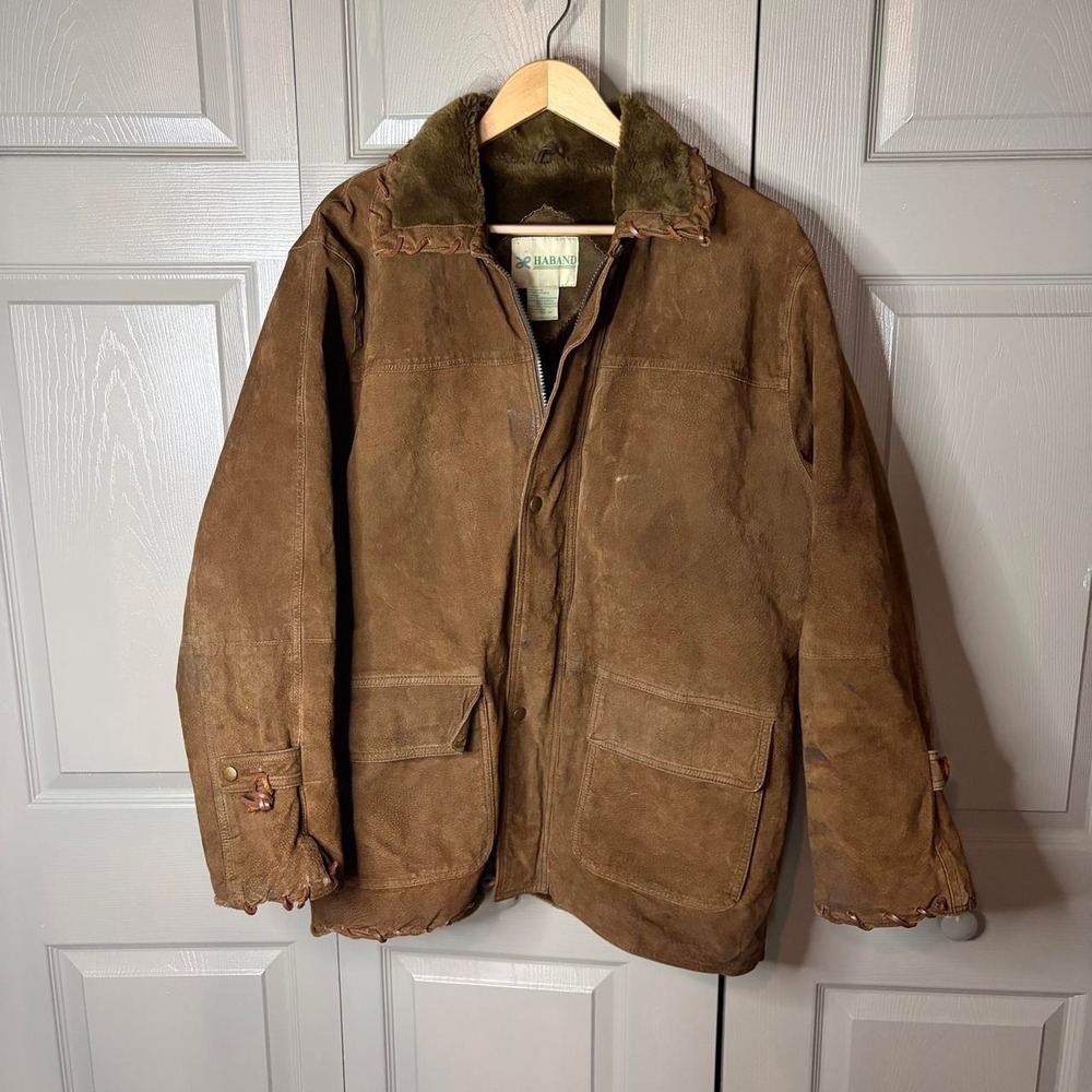 Haband Vintage Mens Brown Suede Leather Jacket Faux Fur Collar L Bomber Coat